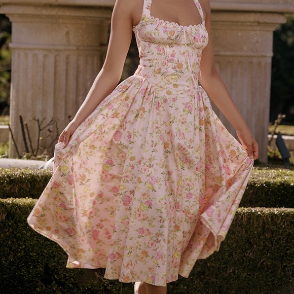 House of CB Dresses & Skirts - House of CB Adabella Floral Halter Dress pink cotton size Large‎ Plus Cup NWT